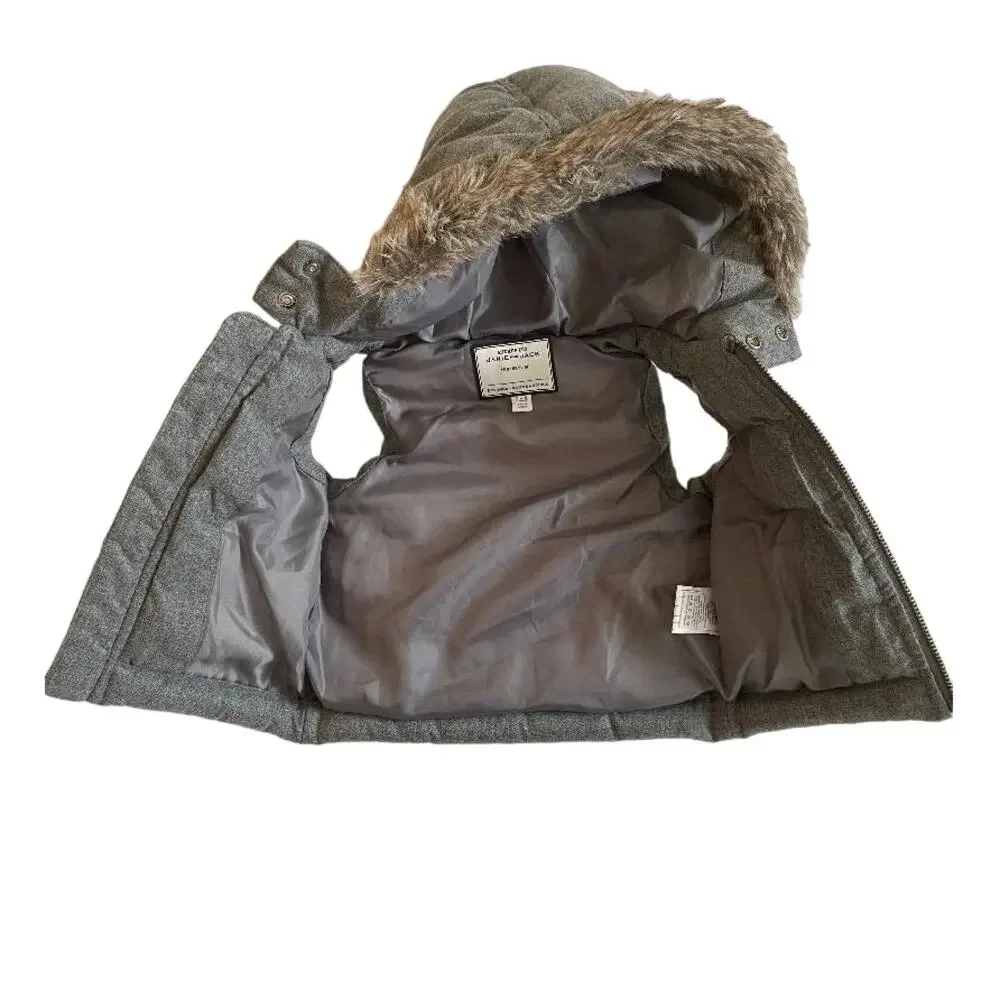 Kids Gray Quilted Hooded Vest Faux Fur Trim‎ Puffer Pockets Zipper Closure 3-6M